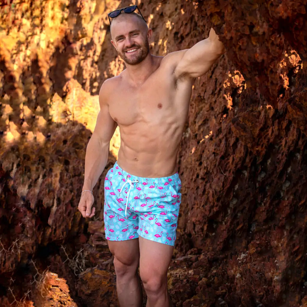 Mens flamingo top swim trunks